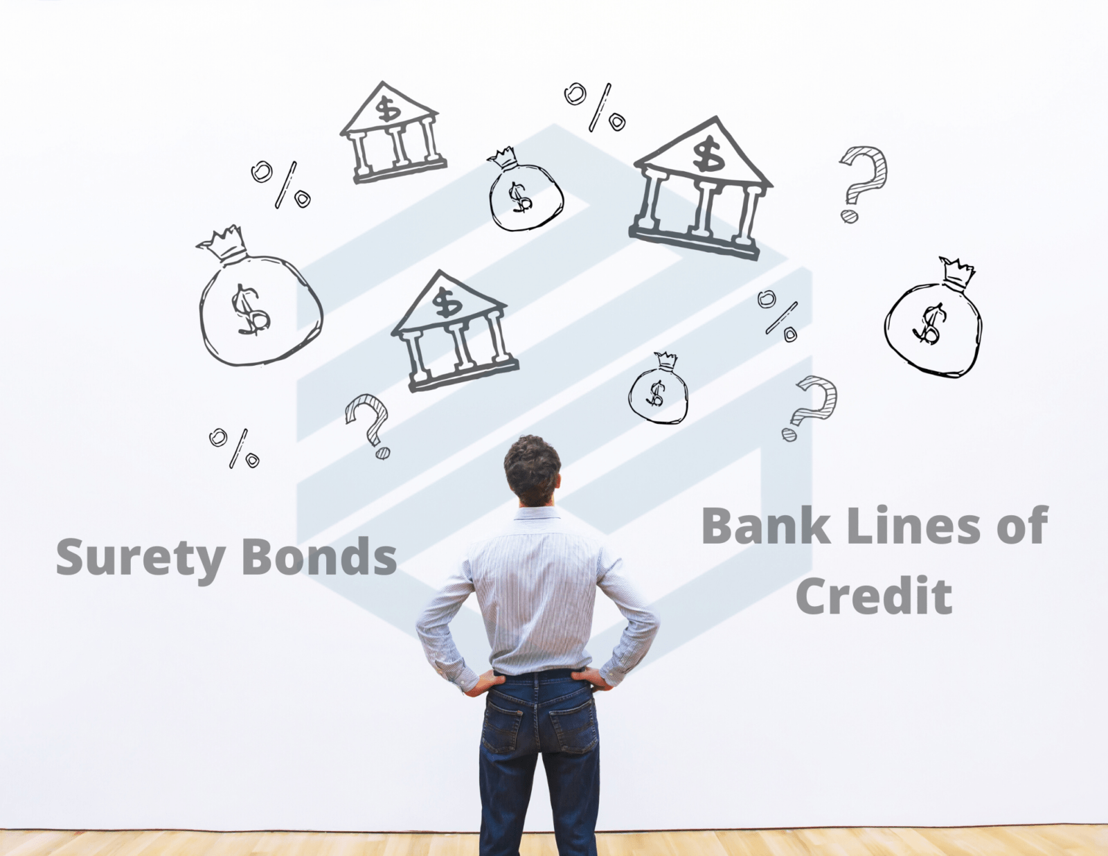 Surety Bonds and Bank Lines of Credit - Man looking at a white board with banks, dollars signs and the words "Surety Bond" and "Bank Lines of Credit"