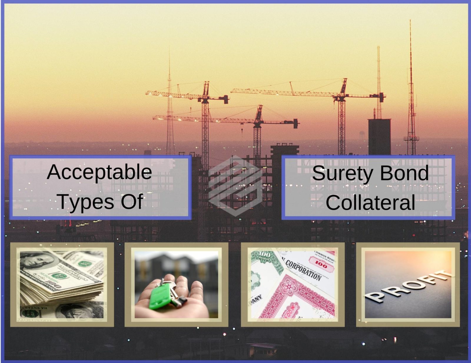 Surety Bond Collateral - 4 pictures of common types of surety bond collateral including profit, cash, real estate and stocks. These are in 4 separate boxes with a construction site in the background during sunset.