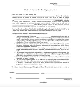 A picture of the Broker of Construction Trucking Services Bond required in California