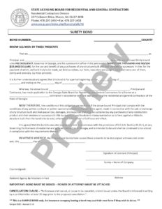 A picture of the required Georgia Contractor's License Bond