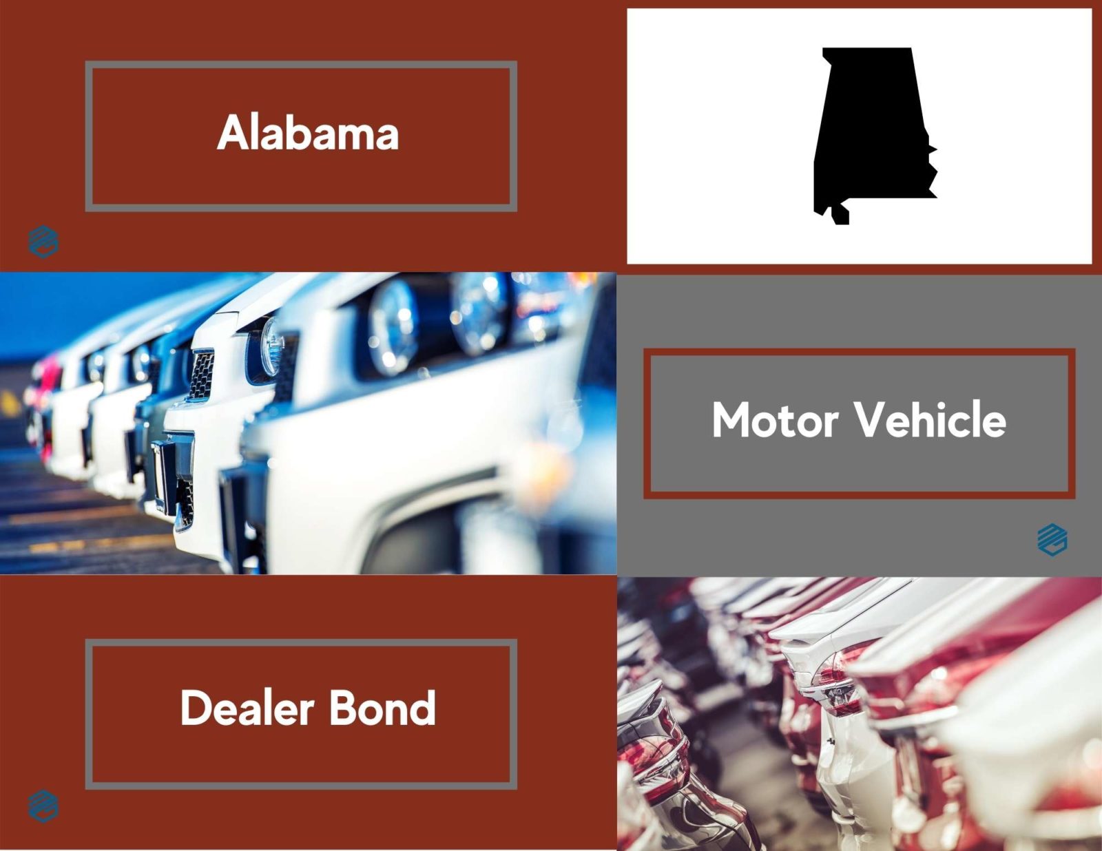 Alabama Motor Vehicle Dealer Bonds - This is three pictures. One of the state of Alabama and two of cars on a dealers lot. There are also three decorative squares with the words.