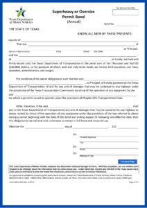State of Texas Superheavy and Oversized Permit Bond Form