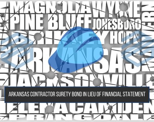 Arkansas Contractor Surety Bond in Lieu of Financial Statement - Black and white collage of Arkansas cities. A blue construction hardhat in the middle.