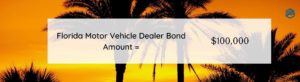 Florida Motor Vehicle Dealer Bond Amount - This shows the $25,000 bond requirement for this bond. Background is palm trees on an orange Florida sunset.