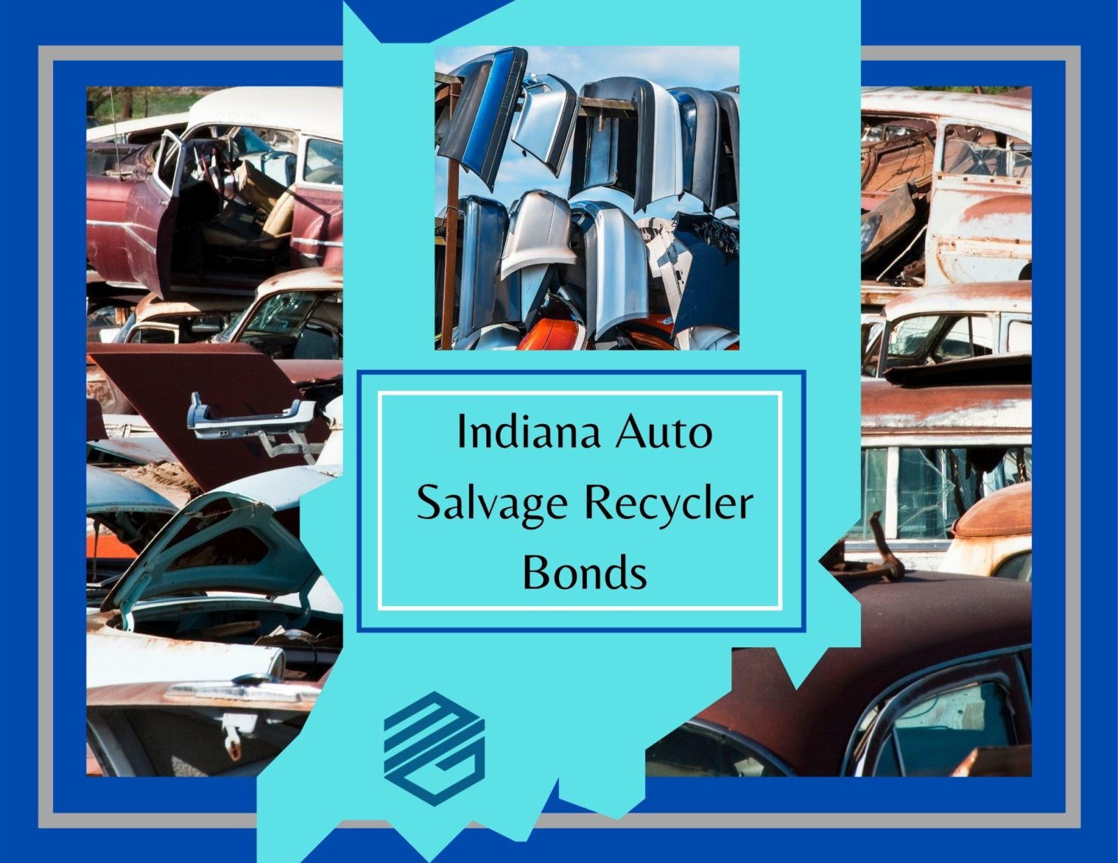 Indiana Salvage Recycler Surety Bond - A picture of the state of Indiana with a salvage car lot in the background. A text box reads, " Indiana Salvage Recycler Bonds".