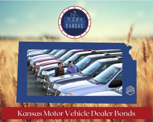 Kansas Motor Vehicle Dealer Bonds - The state of Kansas in blue with a car dealer in the middle of the state. The background is a wheat field and a text box reads, "Kansas Motor Vehicle Dealer Bonds"