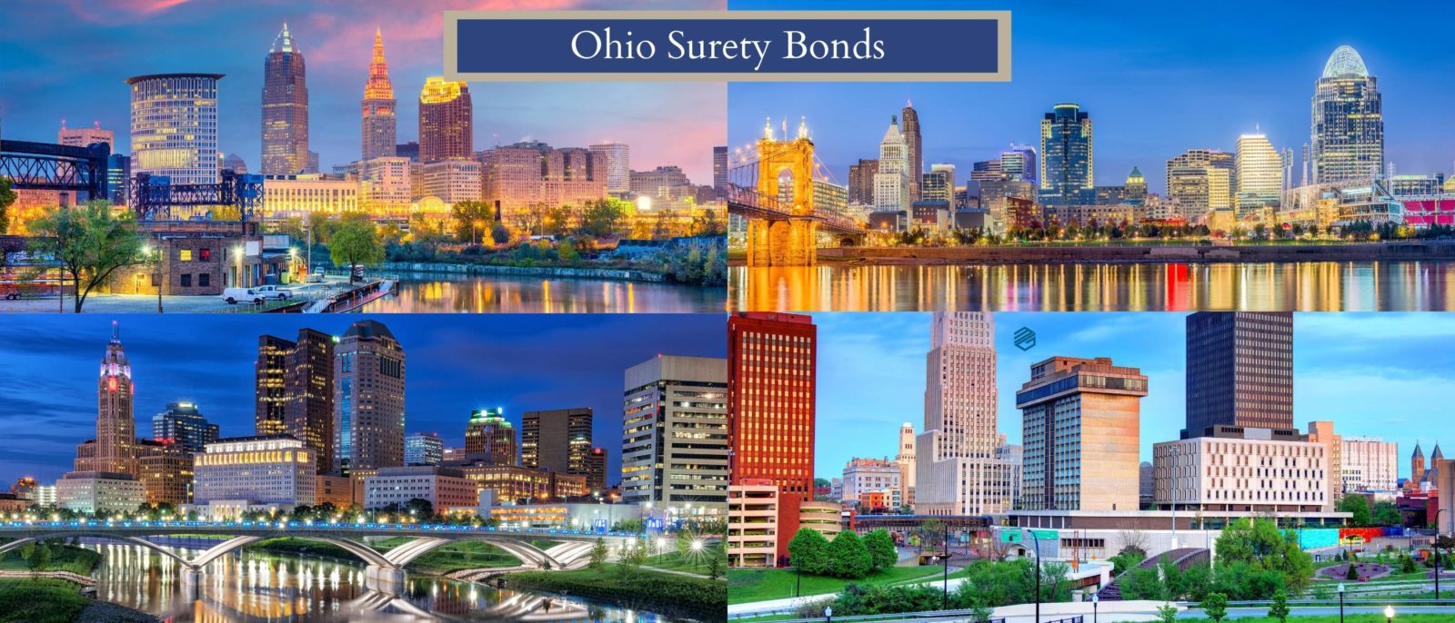 Ohio Surety Bonds - Pictures of Cleveland, Akron, Columbus, and Cincinnati Ohio. The words "Ohio Surety Bonds" in a blue and beige text box