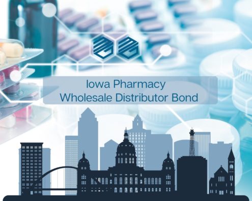 Outline of Des Moines with a pharmacy in the background. Text reads, "Iowa Pharmacy Wholesale Distributor Bonds"