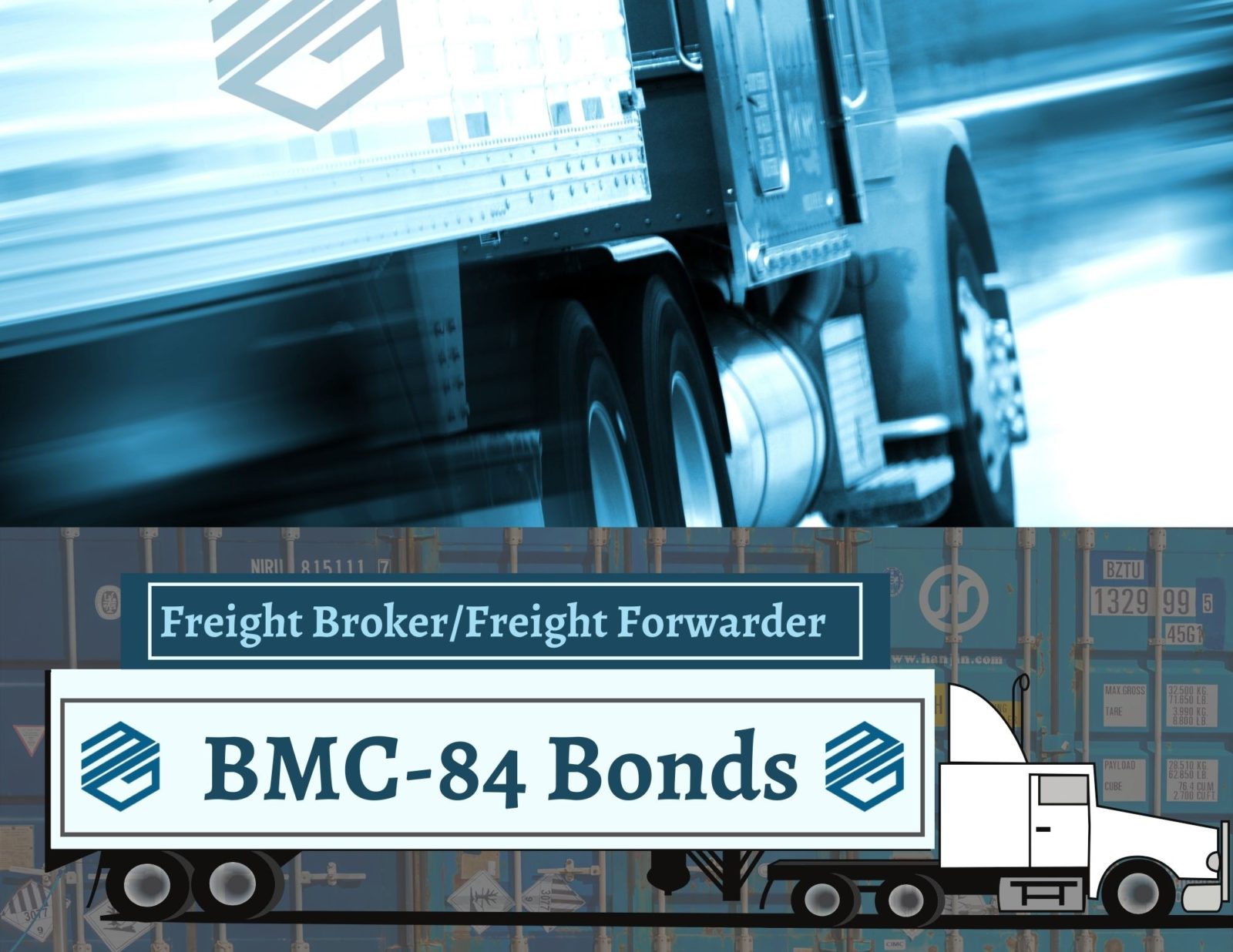 Freight Broker Bond - A Picture of a truck up top and a truck below with shipping containers in the background. The truck says, "BMC-84 Bonds".